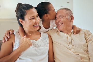 Happy grandparents, smile with girl, kiss and hug and relax in retirement at house. Senior man,...