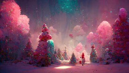 Fairy Christmas landscape. AI render. - obrazy, fototapety, plakaty