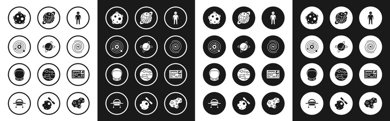 Set Alien, Satellites orbiting the planet Earth, Solar system, Planet, Black hole, Saturn, Futuristic hud interface and Astronaut helmet icon. Vector © Oksana