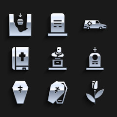 Set Grave with tombstone, Coffin cross, Flower rose, Holy bible book, Hearse car and grave icon. Vector