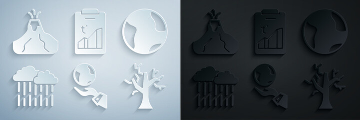Set Hands holding Earth globe, Cloud with rain, Withered tree, Global warming and Volcano eruption lava icon. Vector