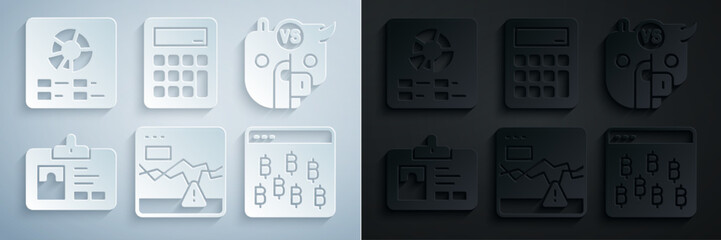 Set Failure stocks market, Bull and bear of, Identification badge, Bitcoin in browser, Calculator and Pie chart infographic icon. Vector