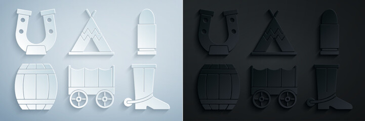 Set Wild west covered wagon, Bullet, Gun powder barrel, Cowboy boot, Indian teepee or wigwam and Horseshoe icon. Vector © Oksana