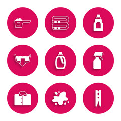 Set Bottle for cleaning agent, Water spill, Clothes pin, spray bottle, T-shirt, Washing modes, and powder icon. Vector