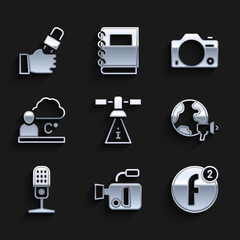Fototapeta premium Set Satellite, Cinema camera, Create account, World news, Microphone, Weather forecast, Photo and Journalist icon. Vector