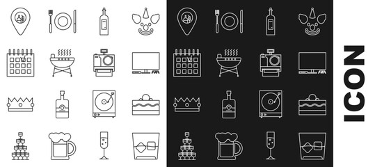 Set line Glass of whiskey and ice cubes, Cake, Video game console, Bottle wine, Barbecue grill, Detailed calendar, Alcohol or beer bar location and Photo camera icon. Vector