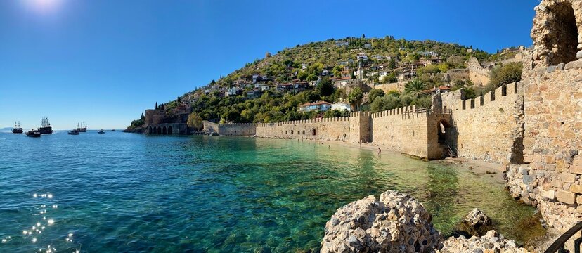 Beautiful amazing panorama. Travel landscape country Turkey in Alanya. Inspiring coast and Mediterranean Sea. Summer time. Old city.

