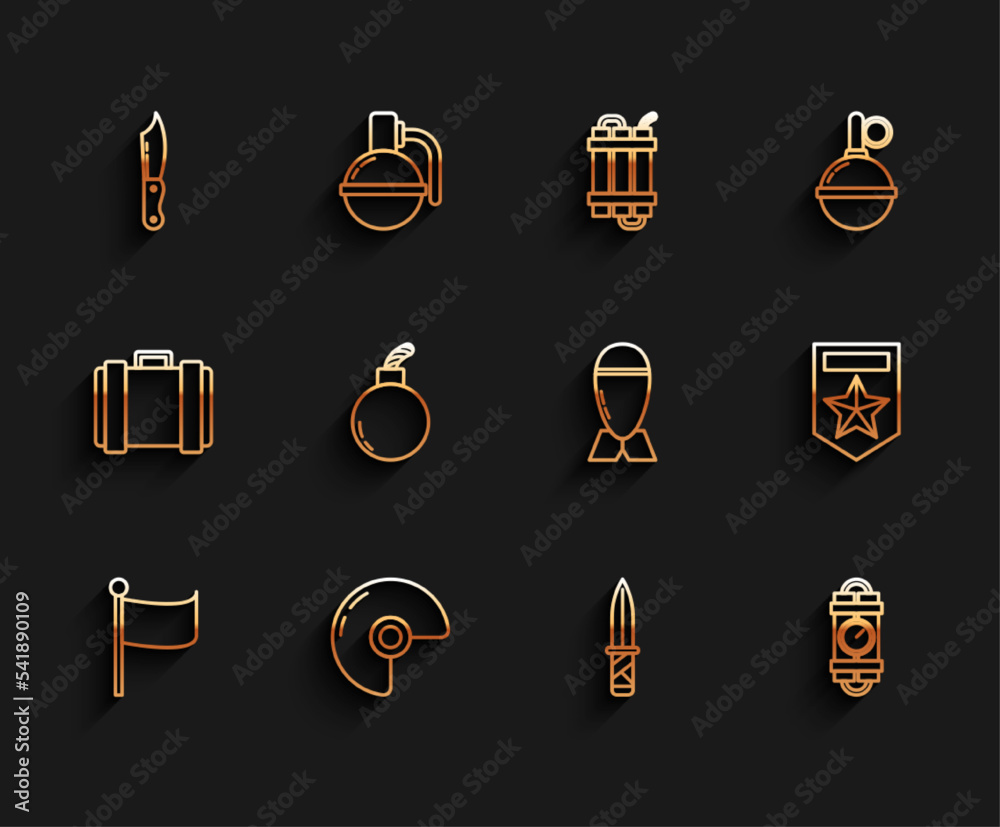 Poster Set line Flag, Military helmet, knife, Detonate dynamite bomb stick and timer clock, Bomb ready explode, Chevron and Aviation icon. Vector