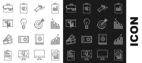 Set line Document with graph chart, Pie infographic and coin, Money on hand, Light bulb concept of idea, Board, Briefcase money and Target icon. Vector