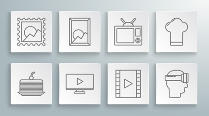 Set line Cake, Picture landscape, Online play video, Play Video, Virtual reality glasses, Television, Chef hat and icon. Vector