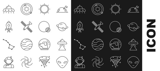 Fototapeta na wymiar Set line Alien, UFO flying spaceship, Planet, Sun, Satellite, Rocket with fire, and icon. Vector