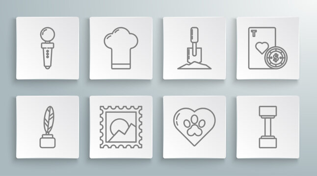 Set line Feather and inkwell, Chef hat, Picture landscape, Heart with animals footprint, Dumbbell, Shovel ground, Casino chip playing cards and Joystick for arcade machine icon. Vector