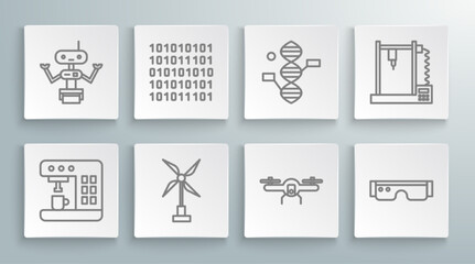 Set line Coffee machine, Binary code, Wind turbine, Drone flying, Smart glasses, DNA symbol, 3D printer and Robot icon. Vector