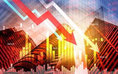 The digital indicators and declining graphs of a stock market crash overlap the backdrop of a...