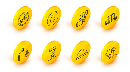 Set line Molecule oil, Worker safety helmet, Rotating drill digging hole, Industry pipe and valve, Tanker truck, Nature saving protest, Oil drop and No Smoking icon. Vector