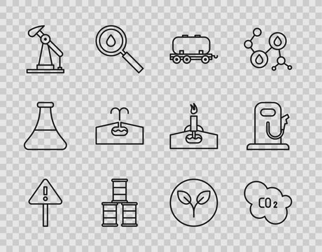 Set line Exclamation mark in triangle, CO2 emissions cloud, Oil railway cistern, Barrel oil, pump or pump jack, Oilfield, Bio fuel and Petrol gas station icon. Vector