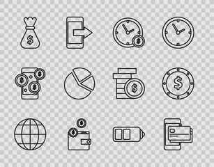 Set line Earth globe, Mobile phone and credit card, Time is money, Wallet with coins, Money bag, Pie chart infographic, Battery charge level indicator and Coin dollar symbol icon. Vector