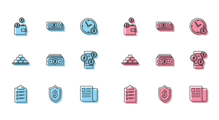 Set line Clipboard with checklist, Shield dollar symbol, Wallet coins, File document, Stacks paper money cash, Smartphone, Gold bars and icon. Vector