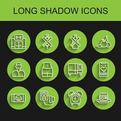 Set line Sports nutrition, Blood pressure, Gym building, Alarm clock, Junk food, Women waist, Mobile with heart rate and Bed icon. Vector