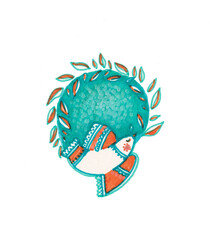 Hand drawn illustration of a white  bird  in a circle flowers.  Beautiful card celebration, sweet graphic resource. 