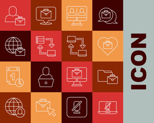 Set line Mute microphone on laptop, Online working, Heart with text, Video chat conference, Freelancer and icon. Vector