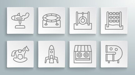 Set line Horse in saddle swing, Jumping trampoline, Rocket ship, Shooting gallery, Kid playground slide pipe, Car tire hanging on rope, Tic tac toe game and Swing plane icon. Vector