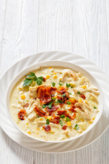 Chicken Corn Chowder in bowl, top view