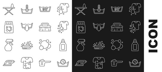 Set line Time wash, Bottle for cleaning agent, Drying clothes, Temperature, Washing modes, Laundry detergent, Iron and ironing board and Brush icon. Vector