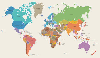 世界地図　色分け　国名　ベクター　イラスト
