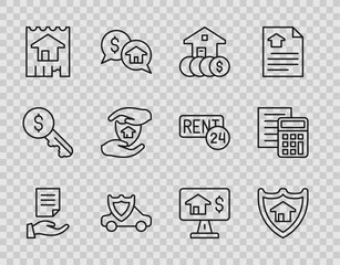 Set line House contract, with shield, dollar, Car, Online real estate and Calculator icon. Vector