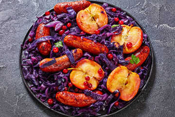 Seared Sausage, Red Cabbage and Apples on plate