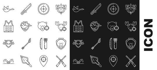 Set line Two crossed shotguns, Bear head on shield, Hunt moose with crosshairs, Target sport for shooting competition, Flying duck, Hunting jacket, and bear icon. Vector