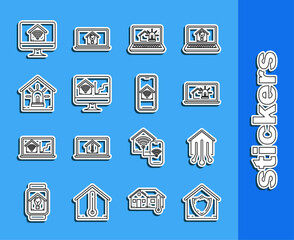 Set line House under protection, Smart home, Laptop with smart house and alarm, Computer monitor wi-fi, and Mobile phone icon. Vector