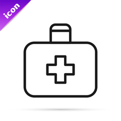 Obraz premium Black line First aid kit icon isolated on white background. Medical box with cross. Medical equipment for emergency. Healthcare concept. Vector Illustration