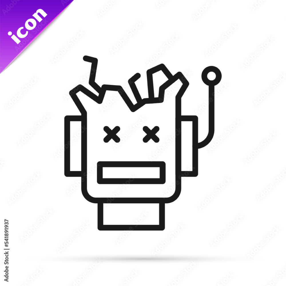Poster black line broken robot icon isolated on white background. artificial intelligence, machine learning