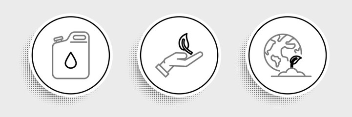 Set line Earth globe and plant, Canister for gasoline and Sprout hand of environmental protection icon. Vector