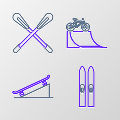 Set line Ski and sticks, Skateboard on street ramp, Bicycle and Crossed paddle icon. Vector