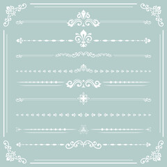 Vintage set of decorative elements. Horizontal separators in the frame. Collection of white ornaments. Classic patterns. Set of vintage patterns