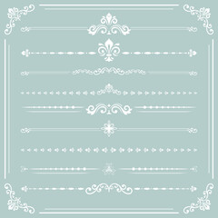 Vintage set of decorative elements. Horizontal separators in the frame. Collection of white ornaments. Classic patterns. Set of vintage patterns