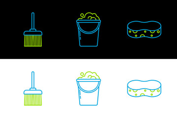 Set line Sponge, Handle broom and Bucket with foam bubbles icon. Vector