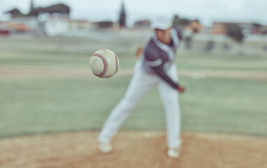Baseball, sports and athlete pitching with a ball for a match or training on outdoor field. Fitness, softball and pitcher practicing to throw with equipment for game or exercise on a pitch at stadium - obrazy, fototapety, plakaty