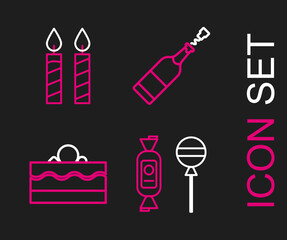 Set line Lollipop, Cake, Champagne bottle and Birthday cake candles icon. Vector