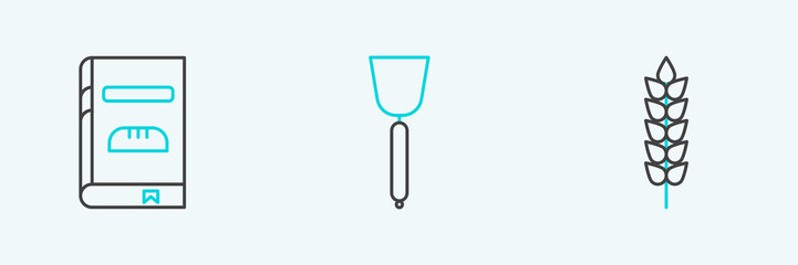 Set line Cereals with rice, wheat, corn, oats, rye, Cookbook and Spatula icon. Vector