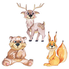 Squirrel, deer and bear are cute forest animals. Watercolor cartoon isolated on white background. Cute character. Hand drawn illustration. For postcards, children's things, printouts