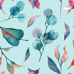watercolor seamless botanical pattern. beautiful elegant autumn leaves and flowers 