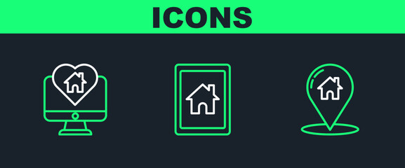 Set line Map pointer with house, Monitor heart shape and Tablet and smart home icon. Vector