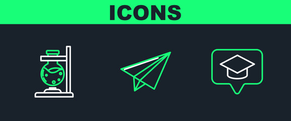 Set line Graduation cap in speech bubble, Glass test tube flask fire and Paper airplane icon. Vector