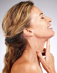 Skincare, beauty and profile of senior woman isolated in studio on gray background. Happiness,...