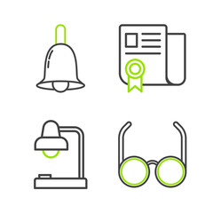 Set line Glasses, Table lamp, Certificate template and Ringing bell icon. Vector