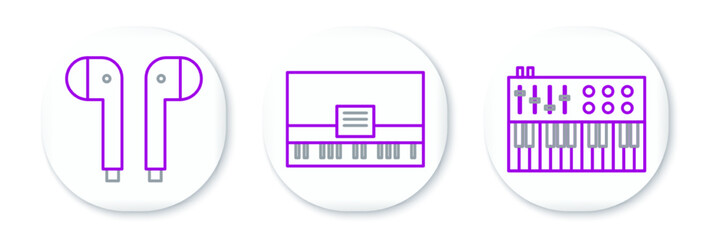 Set line Music synthesizer, Air headphones and Piano icon. Vector